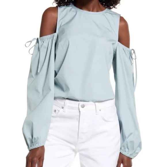 Open Edit Cold Shoulder Sea foam green poplin top Size Medium New - Picture 1 of 6